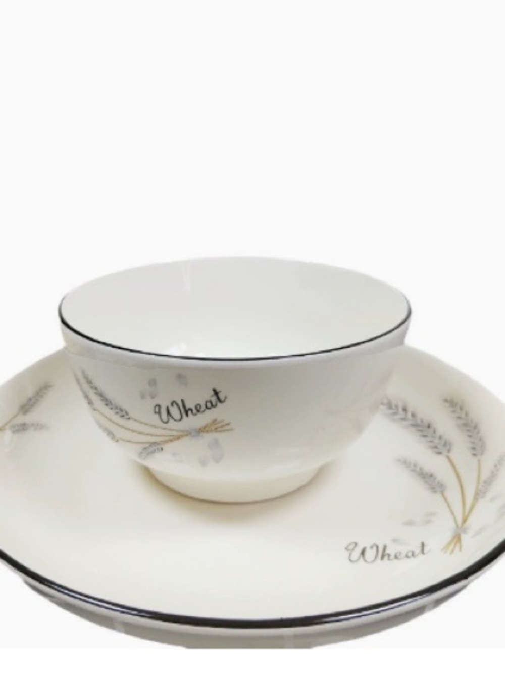 Wheat Motif White Ceramic Bowl & Plate Set with Gold Accents